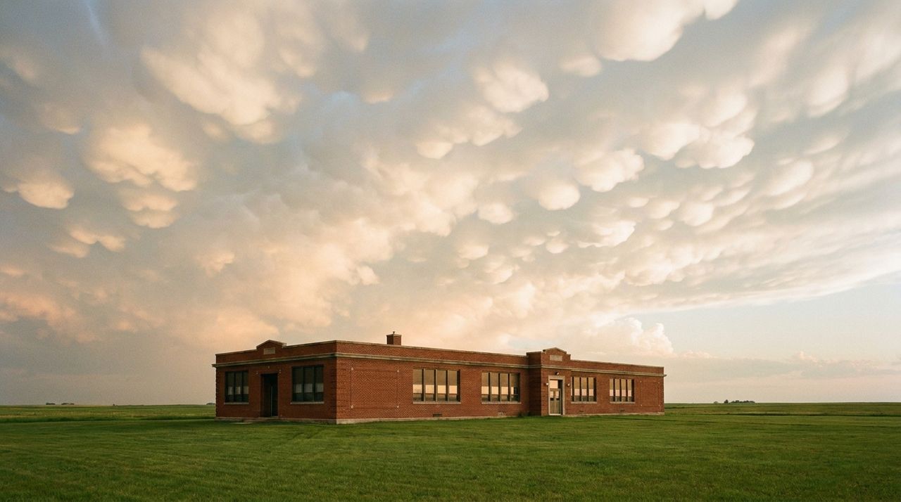 A low single-story brick commercial building on a wide prairie lot under a big sky